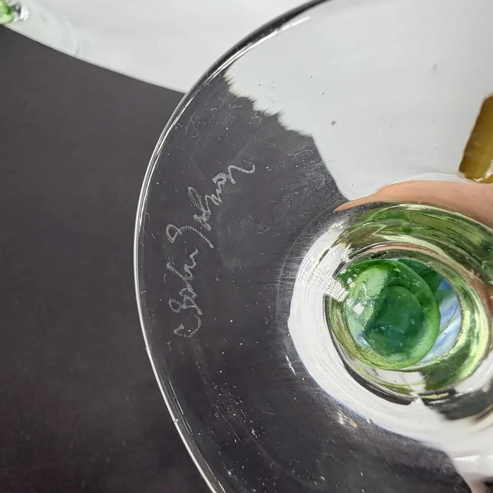 Set 2 Chris Baker Salmon Art Glass Wine Glass Pink Blue Swirl Signed 8.5